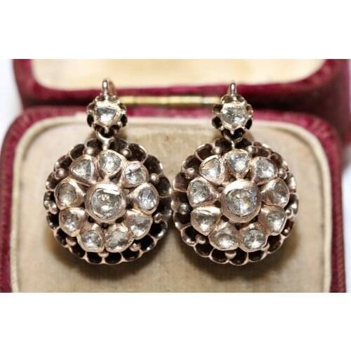 Antique Original 8k Gold Ottoman Natural Rose Cut Diamond Decorated Amazing Rose Earring