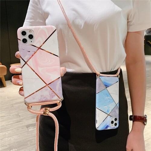 Bling Glitter Marble Crossbody Phone Case For iPhone 2020 12 mini 11 pro max XS MAX XR 8 7plus SE Messenger Case with long Chain
