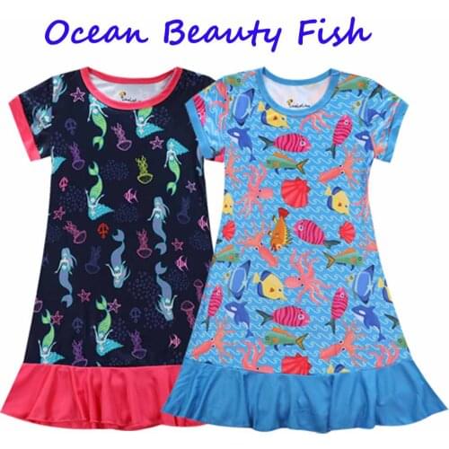 Octopus Cartoon Printed Niightgown Dress Children Short Sleeve Summer Night Dress for Kids Beauty Fish Nightwear Clothes