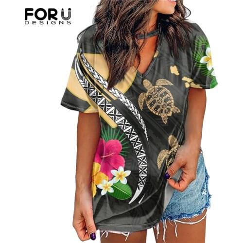 FORUDESIGNS Women Loose V-Neck T Shirts Polynesian Hibiscus Flower Sea Turtle Style Printing Harajuku Short Tops 2021 New Trend