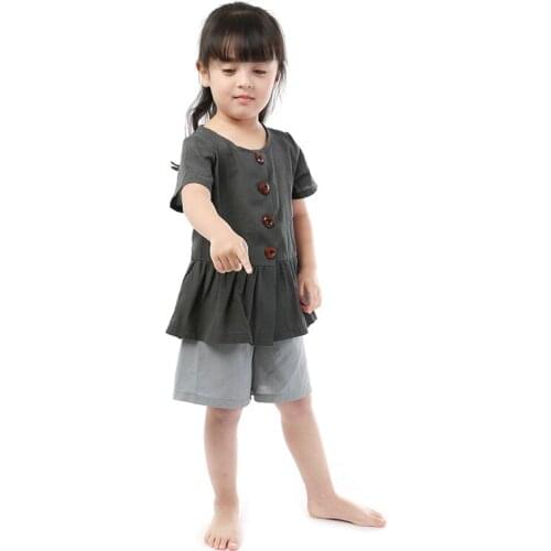 Kaiya Angel New Arrival Children Girls Casual Clothing Set Button Decolation Ruffle Tops With Short Pants Kids Summer Outfits