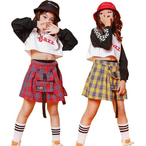 Kids Girls Crop Tops / Plaid Short Skirt Hip Hop Dance Costume Street Dance Clothes Stage Performance Wear