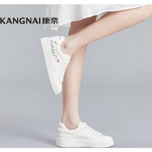KANGNAI Women Sneakers Genuine Cow Leather White Shoes Spring Lace-Up Female Casual Flats