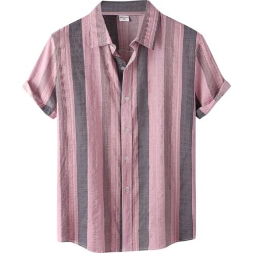 Fashion Striped Casual Shirt Men Short Sleeve Lapel Breathable Chic Pink Man Blouse Camisa Masculina Brand Shirts Men Tops 2021