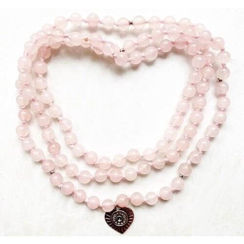 Natural Pink Quartz 108 Prayer Beads Tibetan Buddhist Mala Bracelet Necklace Knotted Pink Love Stone Heart Charms 1pc 6mm