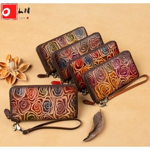 OLN RFID Women Long Wallets Retro Head Layer Cowhide Genuine Leather Wristband Zipper Purse European&American Clutch Phone Bag