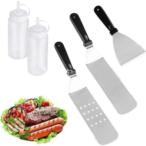 Portable Outdoor Stainless Steel Heat Insulation Grill Spatula BBQ Shovel Sauce Bottle Dispenser Cooking Tools Set