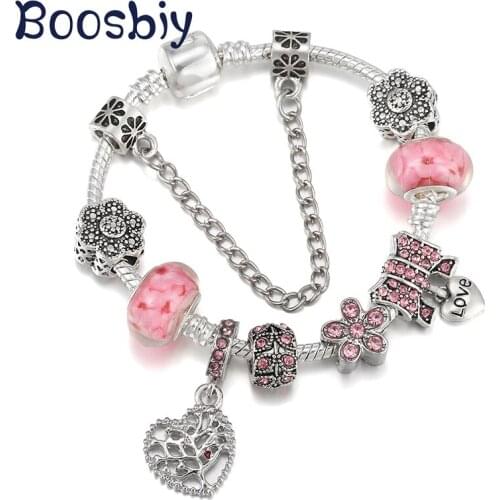 European Style Silver Plated Snake Chain Charm Bracelet For Women With Pink Love Tree Pendants DIY Lucky Bowknot Jewelry Gift