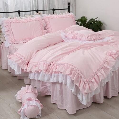 Amazing luxury bedding set pink queen size embroidery ruffle lace double duvet cover bedskirt princess Warm pillow case HM-17P