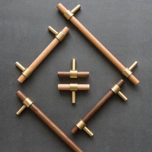 1Pcs Simple Design Brass Handle Solid Walnut Zelkova Cabinet Drawer Wardrobe Door Knob Nordic Furniture Long Handle