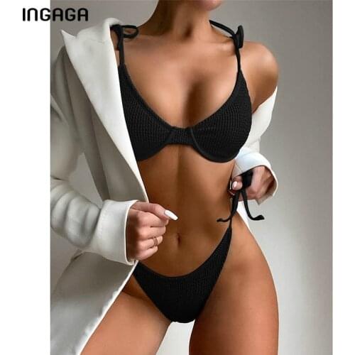 INGAGA Bikini Push Up Womens Swimsuit 2021 Ruched Swimwear Women Knotted Bathing Suits High Cut Biquini Summer Solid Bikinis