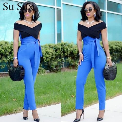 Sexy Slash Neck Jumpsuit Women Bodycon Rompers Black Patchwork Blue Pants High Waist Jumpsuit Bow Belt Vestidos 2021 Spring