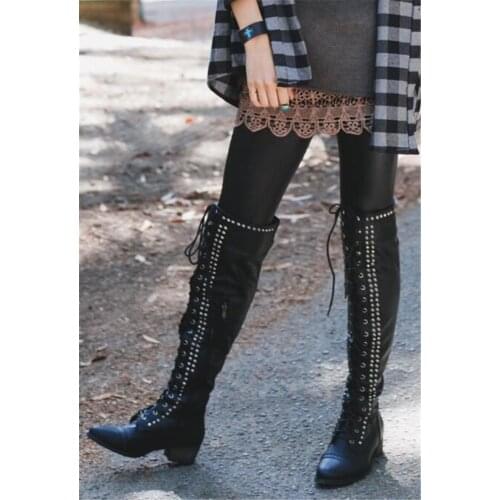 Sestito Woman Rivets Decorated Lace-up Cool Long Boots Ladies Round Toe Side Zipper Over-the-knee Boots Girls Suqare Heels Shoes