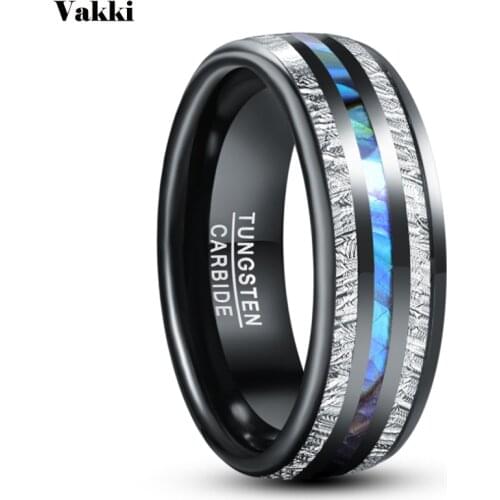 VAKKI 8mm Electric Black Inlaid Meteorite Anel Masculino Abalone Shell Dome Tungsten Carbide Ring For Men