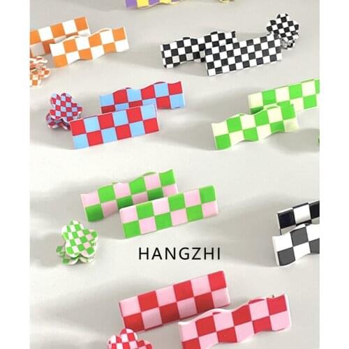 INES New Rainbow Color Grid Checkerboard Hair Clip Resin Hairpin Bar Barrette for Women Girls Party Fashion Jewelry HANGZHI 2021