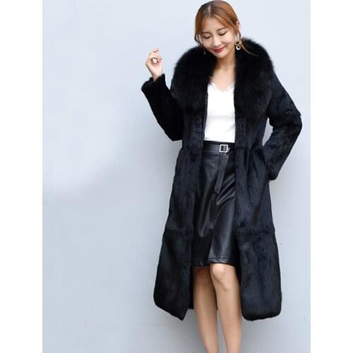 Long Women Clothes Real Fur Coat Big Size New 2019 Clothing Natural Rabbit Fur Coat with Natural Fox Fur Collar sr602