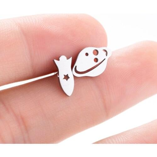 Punk Creative Rocket Planet Asymmetric Stud Earrings Stainless Steel UFO Ear Studs for Women Charm Minimalist Ear-Accessories
