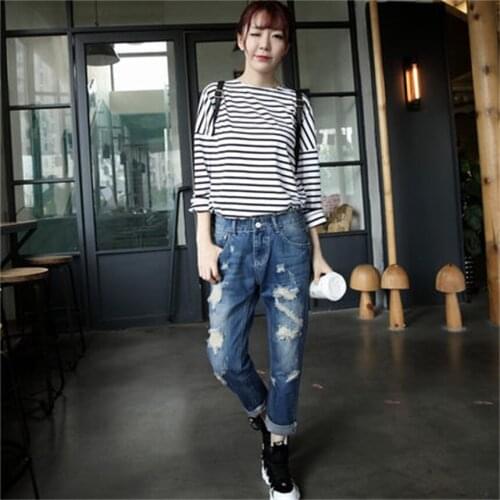 Womens spring and summer new large size hole Korean version of the nine pants pants Harlan nine pants loose jeans TB18308