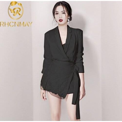 Spring Women 2 Piece Set 2020 Runway White Sexy Silk Turn Down Collar Shirt Suits + Tie Bow Lace Mini Party Skirt Suit