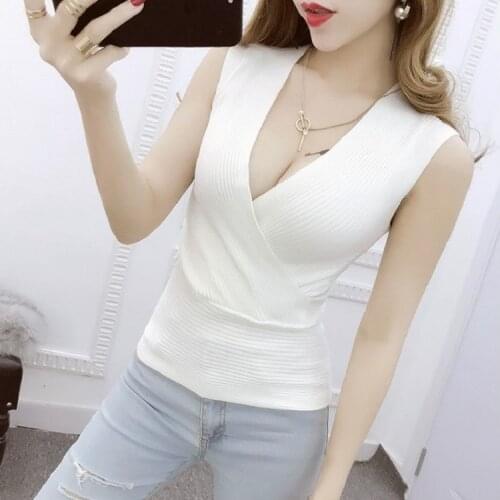 2021 womens new Korean sexy low-cut cross deep V-neck elastic tight knit bottoming shirt vest tank top women white corset top