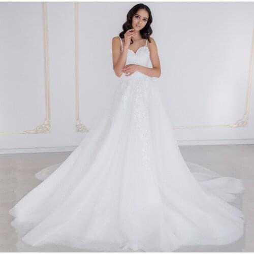 Sexy Glitter Tulle Wedding Dress Spaghetti Straps Sleeveless Lace Bridal Gowns Sweetheart Vestido De Novia Bride Dresses