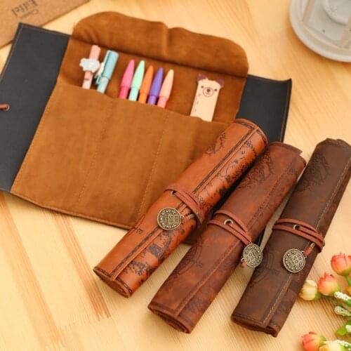1PCS PU Leather Creative Retro Luxury Treasure Map Pencil Cases Roll Pen Bag Pouch For Stationery Supplies Cosmetic Bag