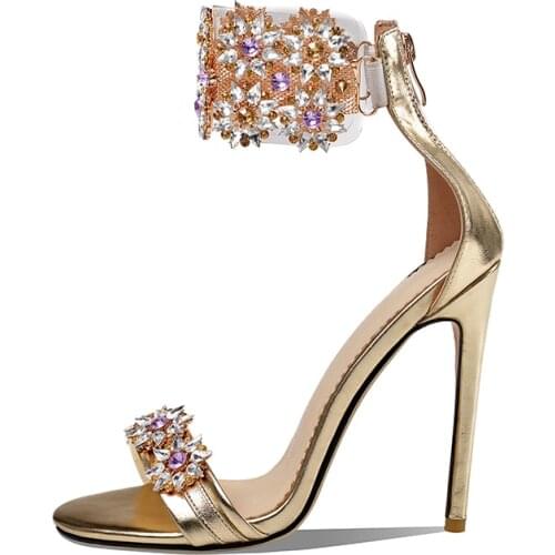 Kmeioo Fashion Sexy Sandals Women Crystal Flower Ankle Wrap Zipper Sandals Super high heel Stiletto Female Party Wedding
