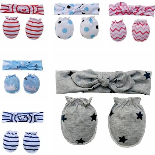 Toddler Cute Cartoon Print Bunny Ears Elastic Hairband and Glove Set Baby Anti-eat Hand Anti-Grab Face Protect Mitten Photo Prop