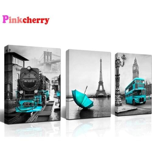 Paris Tower 3PCS 5d diamond art United Kingdom Big Ben Blue Bus DIY Diamond Painting full square round diamond Embroidery
