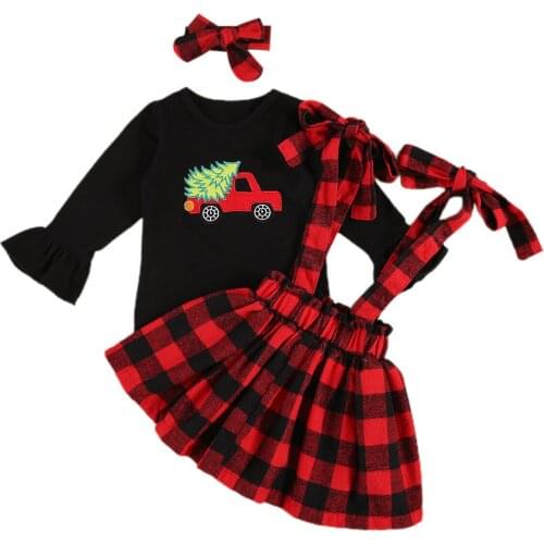 Two Piece Baby Girls Halloween/Christmas Outfits Cute Print Long Sleeve T-Shirt Tops Plaid Suspender Skirt Headband Set 12M-5Y