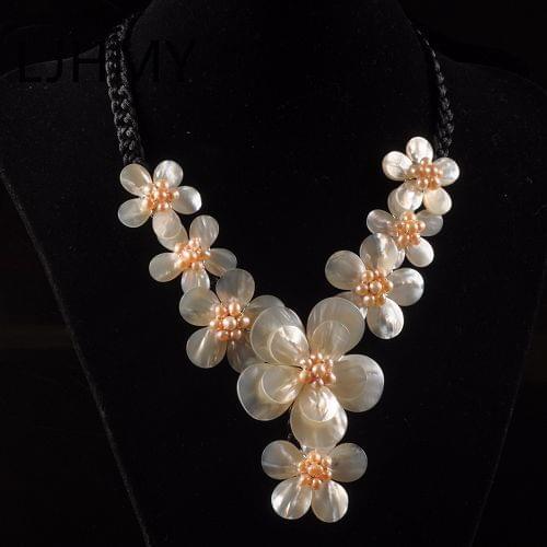LJHMY k12839 51x15-30x3mm Mother of Pearl mop shell flower necklace 18"Women Wedding Party Necklace Gift