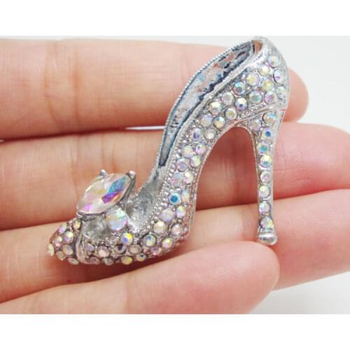 Fashion Style Silver Color High-Heel Shoe Brooch Pin Clear AB Rhinestone Crystal