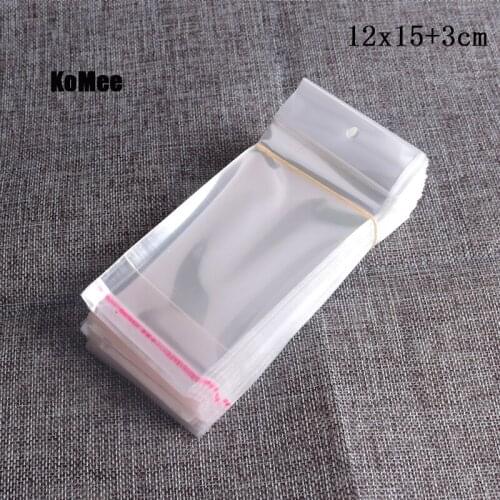 12x15+3cm Self Adhesive Seal Ploy Bag Clear Plastic Bag 200pcs/lot Transparent OPP Bags Plastic Packaging Bags With Hanging Hole