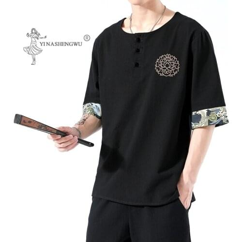 Japanese Kimonos Summer 6 Colors Short-Sleeved T-shirt Harajuku Yukata Japan Embroidered Linen Men Shirts Trousers Asian Costume