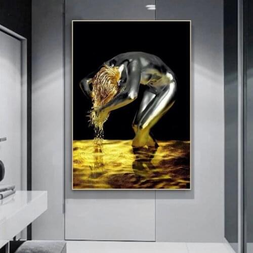 Golden Nude Woman Canvas Painting Black Women Gold Jewelry Posters and Prints Scandinavian Wall Pictures for Living Room Decor