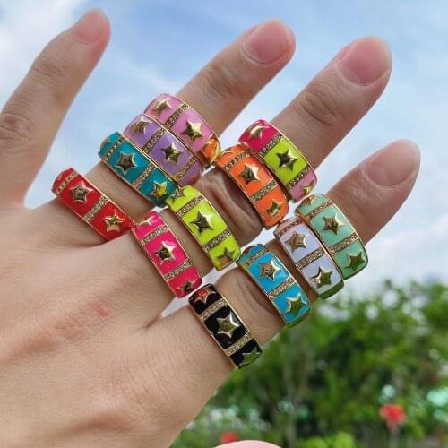 10Pcs Trendy 2021 Multicolor Enamel Ring For Women Gold Star Knuckle Rings CZ Pave Finger Ring Statement Jewelry Gifts Party