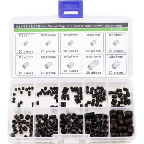 12.9 Class M3 M4 M5 M6 Allen Head Socket Hex Set Grub Screw Assortment Kit with Plastic Box 200pc Black