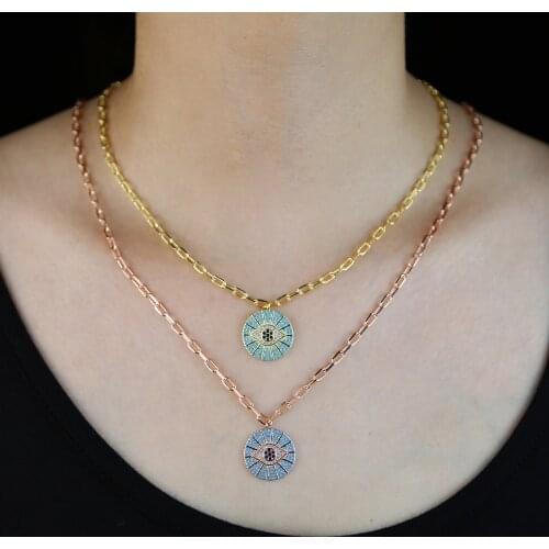 2020 new fashion female jewelry gold color blue black cz Lucky evil eye engraved geometric round coin necklace