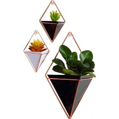 Acrylic Flower Pot + Iron Plant Holders Set Indoor Hanging Planter Geometric Vase Wall Decor Container Succulents Plant Pots