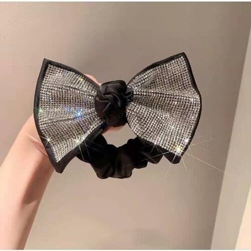 Flash Black Rhinestone Bow Scrunchies Hair Rope Female Korean Headdress Hair Accessories Hair Clips Girl Party Hair Accessoires