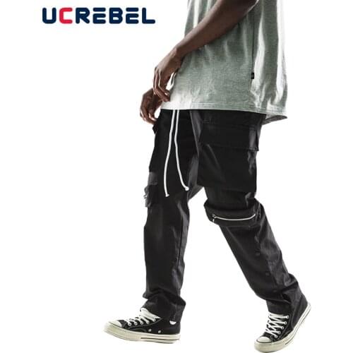 Multi-Pocket Cargo Pants Mens High Street Side Breasted Split-Hem Casual Pants Streetwear Elastic Waist Loose Trousers Men