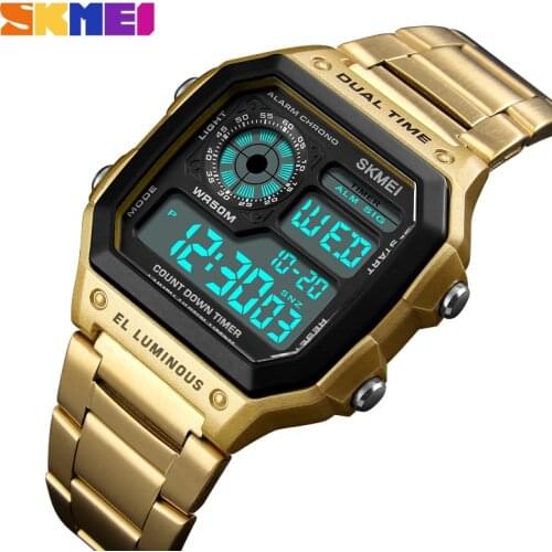 SKMEI Luxury Gold Digital Watch Men Waterproof Stainless Steel Fashion Casual Mens Watches Sport Clock Male Relogio Masculino