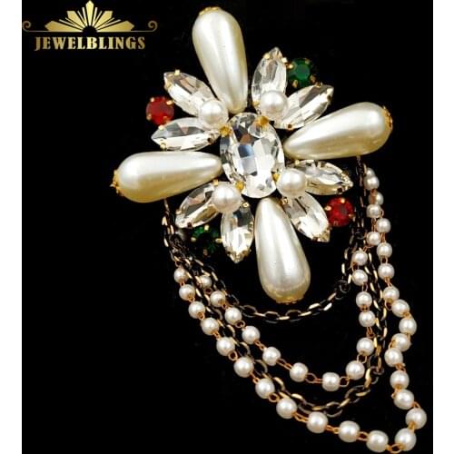 Edwardian Vintage Multi Tassel White Imitated Pearl Cross Brooches Fabric Back Clear Crystal Ball Chain Square Flower Women Pins