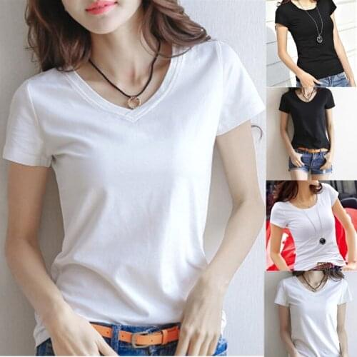 2020 Spring Summer Women Cotton T-shirt Black V-Neck Short Sleeve Female Tee Slim White T-Shirt Casual Solid Lady Tshirt Tops