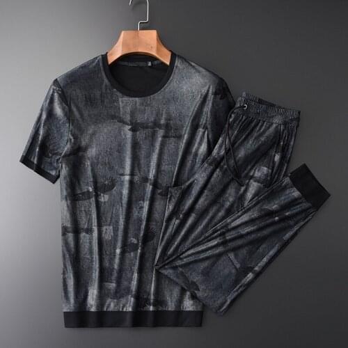 Classic Summer Mens Sets (t-shirt+pants) Luxury Fashion Printed Short Sleeves T-shirts Plus 4xl Elastic Waist Sport Man Pant