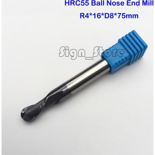 2PCS HRC55 Tungsten Steel Carbide double 2 flute End Mill Bit Milling Cutter Tools Ball Nose CNC Router R4*16*D8*75mm