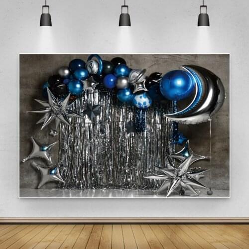 Laeacco Silver Tassel Blue Balloon Moon Birthday Child Portrait Cuatom Backdrops Photographic Background Photo Studio Photophone