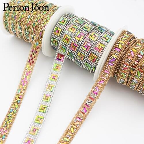1 yard glittering Laser color glass strips arranged crystal ribbon rhinestone trim hot fix DIY ironing on dress decoration TR119