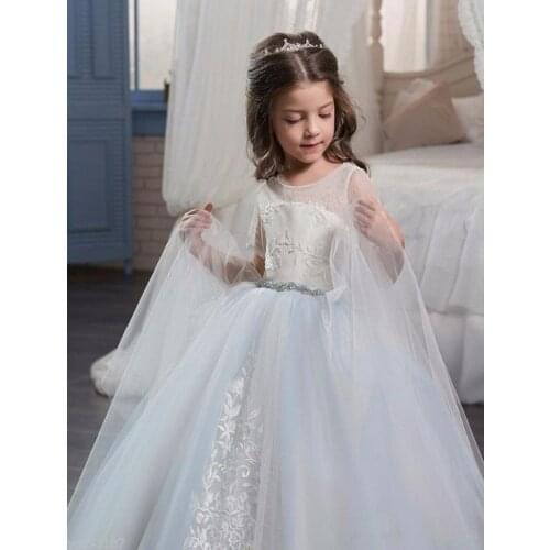 Formal Kids Flower Girl Dresses For Wedding Sky Blue Birthday Sheer Neck Short Sleeve With Lace Applique Pageant Dress for Girl