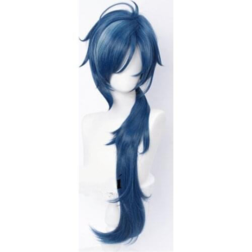 Genshin Impact Kaeya Cosplay Men 80cm Long Ink-Blue Wig Cosplay Anime Cosplay Wigs Heat Resistant Synthetic Wigs + Wig Cap